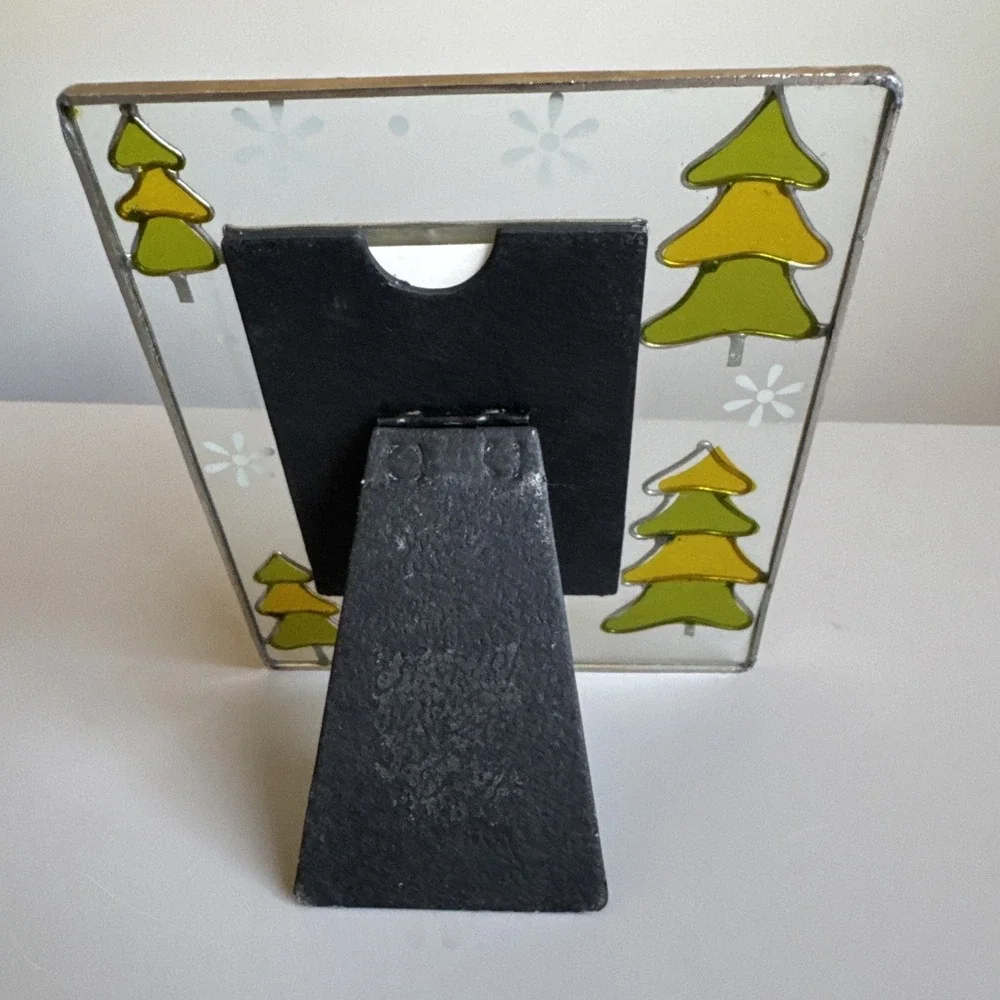 Vintage Stained Glass Christmas Tree & Snowflake 2.5x3.5 Photo Frame Metal Trim